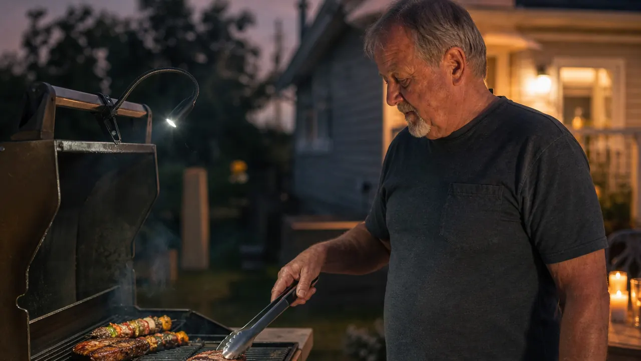 Carl standing at his three-burner gas grill at dusk, a small LED grill light clipped to the hood lighting up the grates