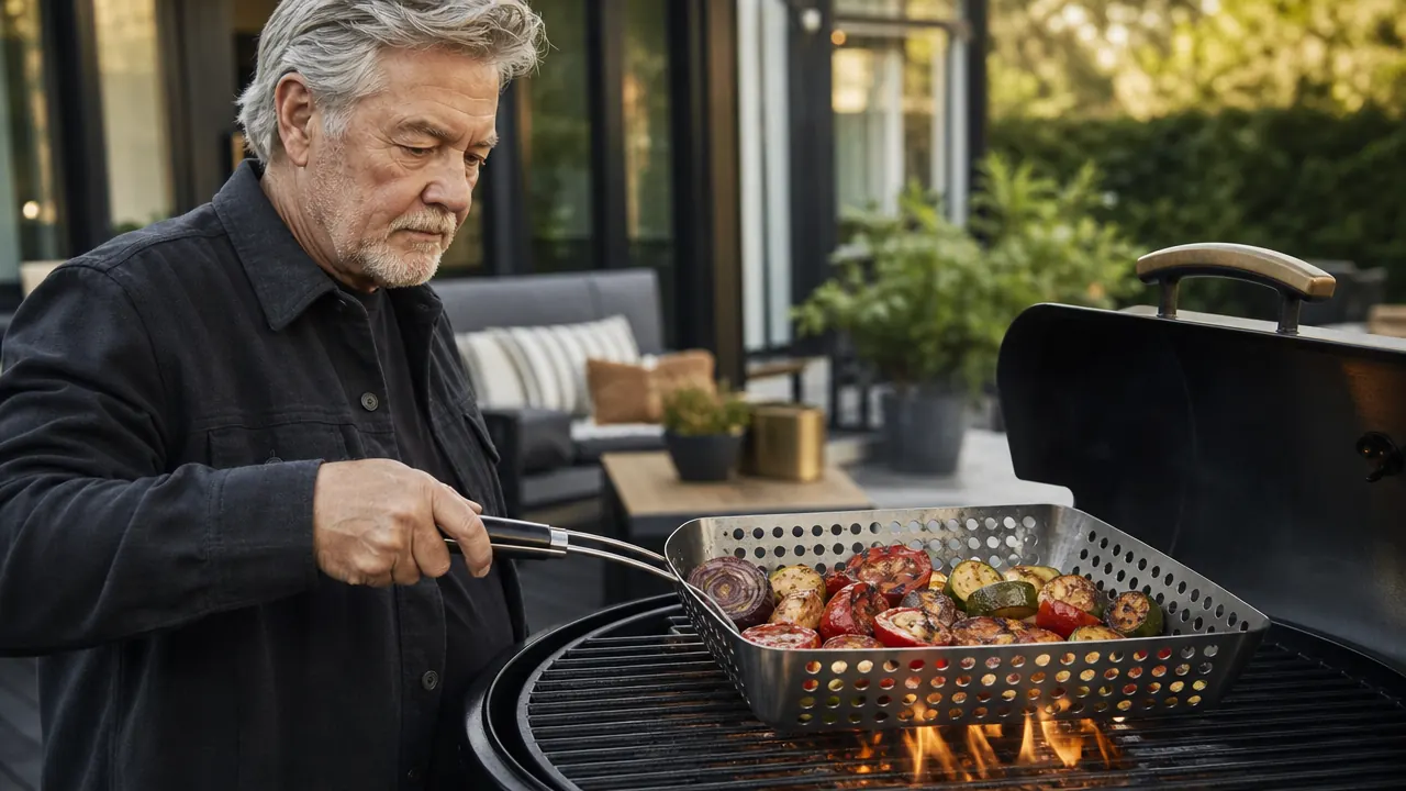A perforated grill wok full of colorful mixed vegetables sitting over open flame on a backyard gas grill