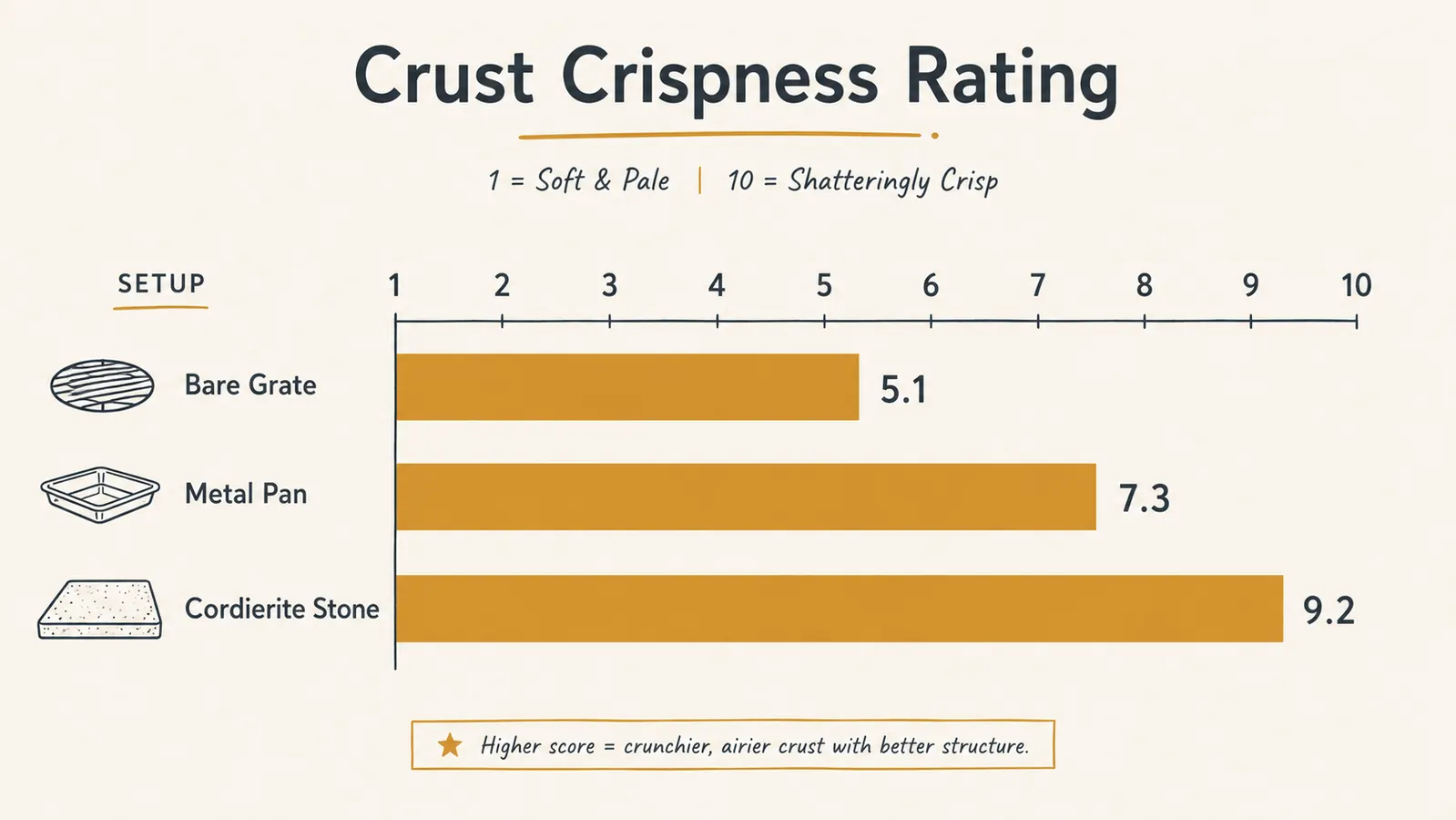 Simple bar chart comparing crust texture scores between a metal pan, no stone, and a cordierite pizza stone on a grill
