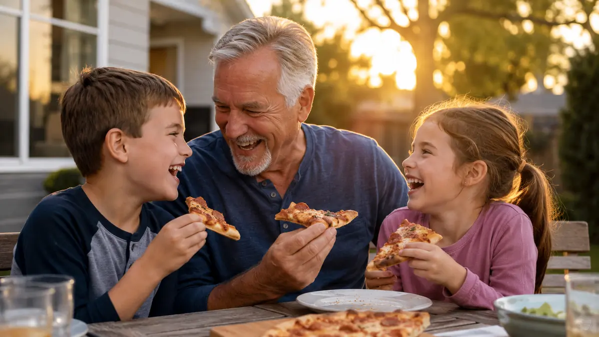An older man and two young grandkids sitting at an outdoor picnic table eating slices of grilled pizza
