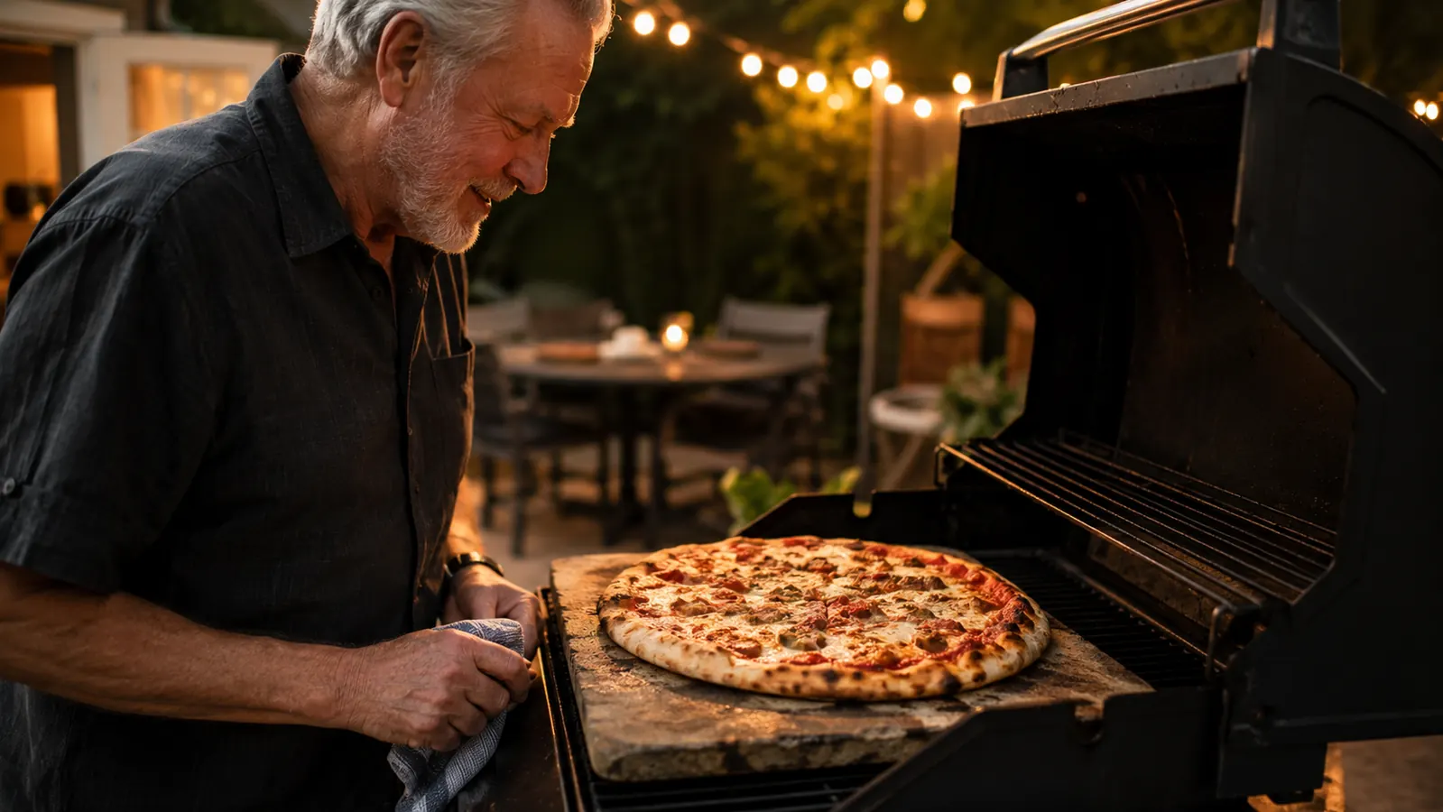 A rectangular pizza stone loaded with a homemade pizza sitting on a backyard gas grill grate at dusk