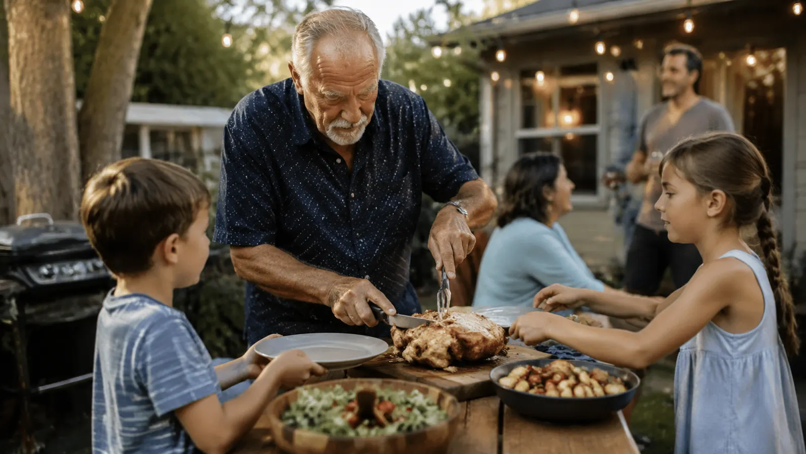 Family gathered around a picnic table passing a carved rotisserie chicken on a summer evening
