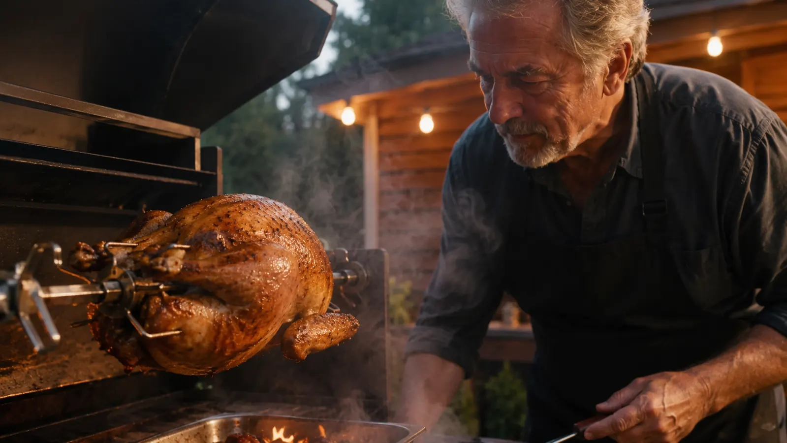 Golden brown whole chicken turning on a rotisserie spit over a backyard gas grill at golden hour