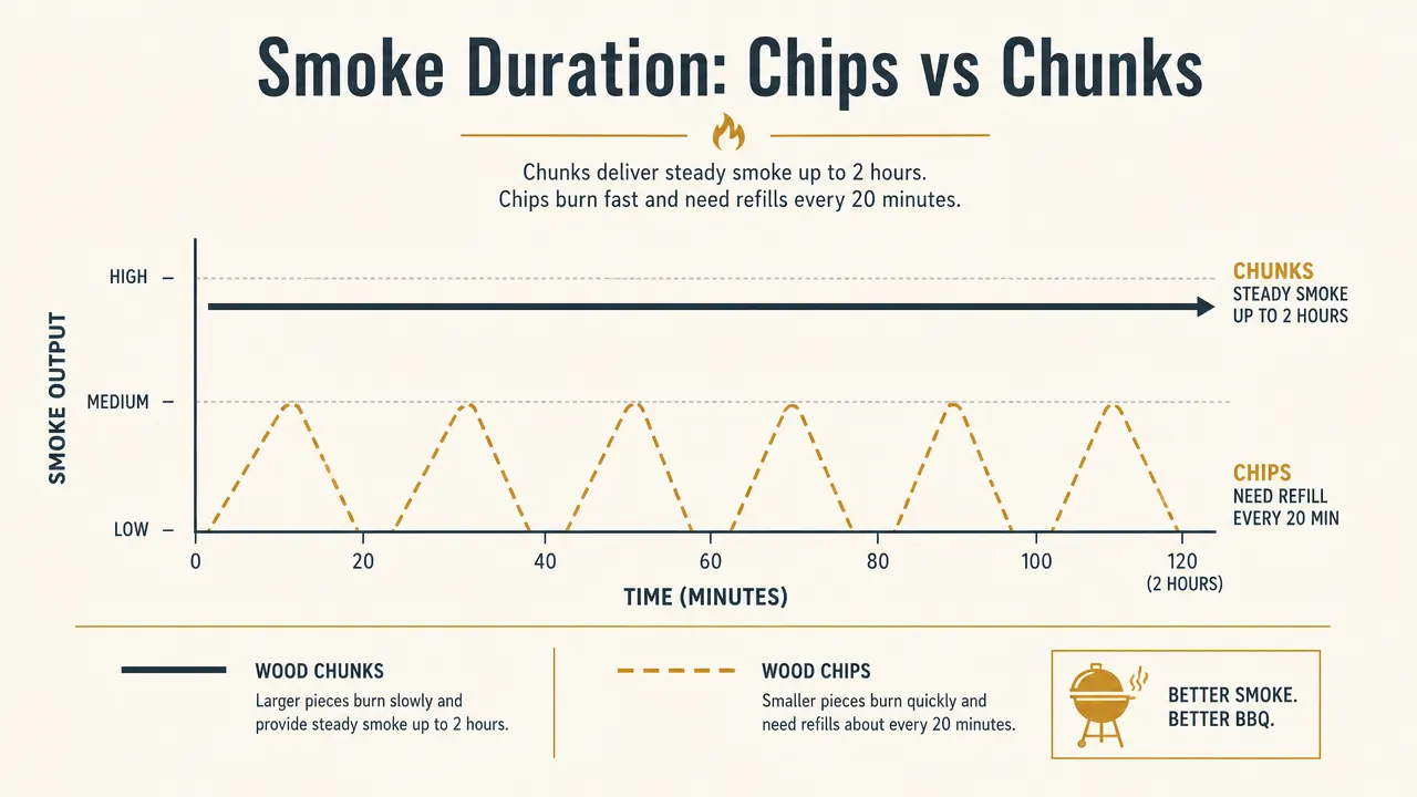 Chart comparing burn time of wood chips versus wood chunks over a typical two hour cookout