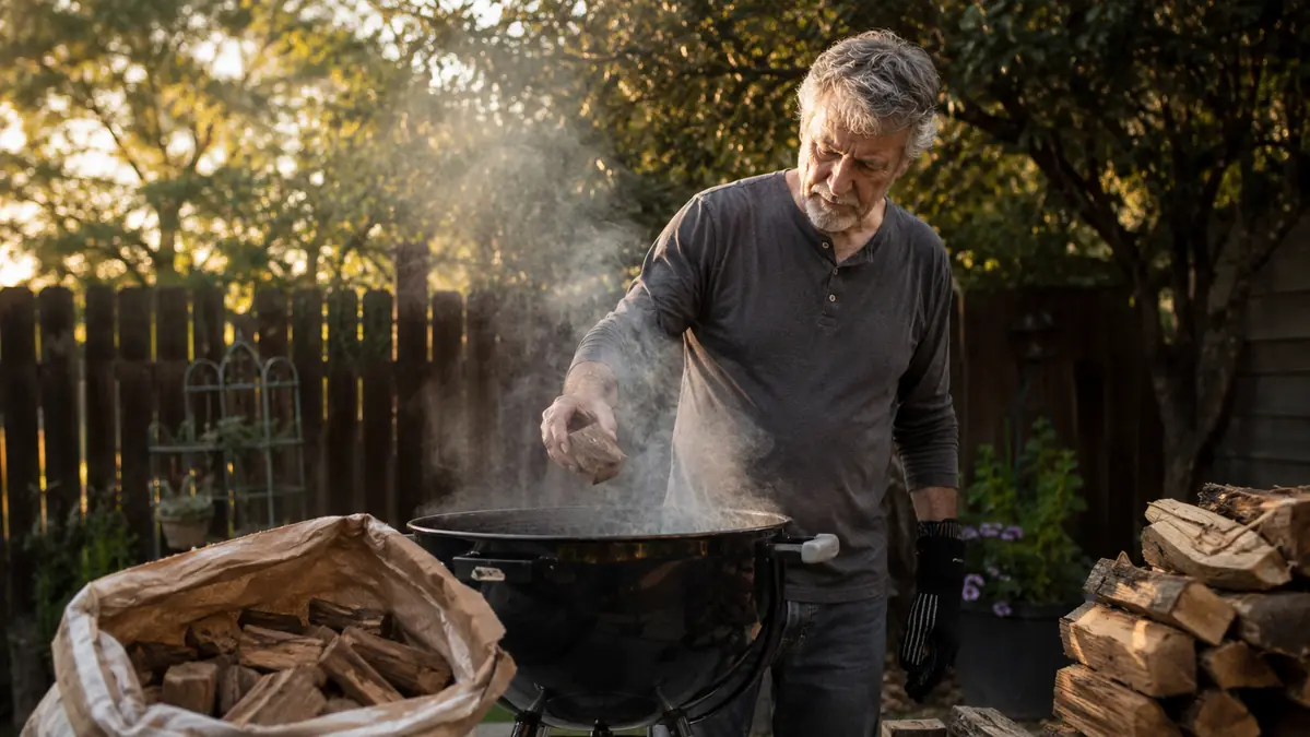 Bag of Weber hickory wood chunks sitting open next to a lit charcoal kettle grill in a backyard