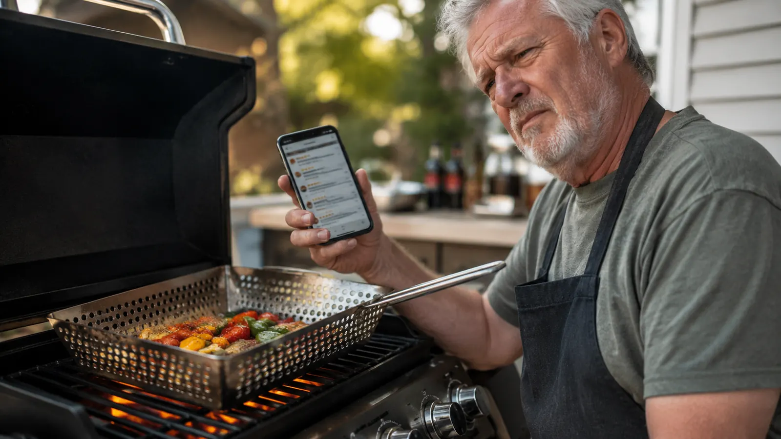 Cuisinart Grill Wok sitting empty on a grill grate next to a phone showing an Amazon reviews page