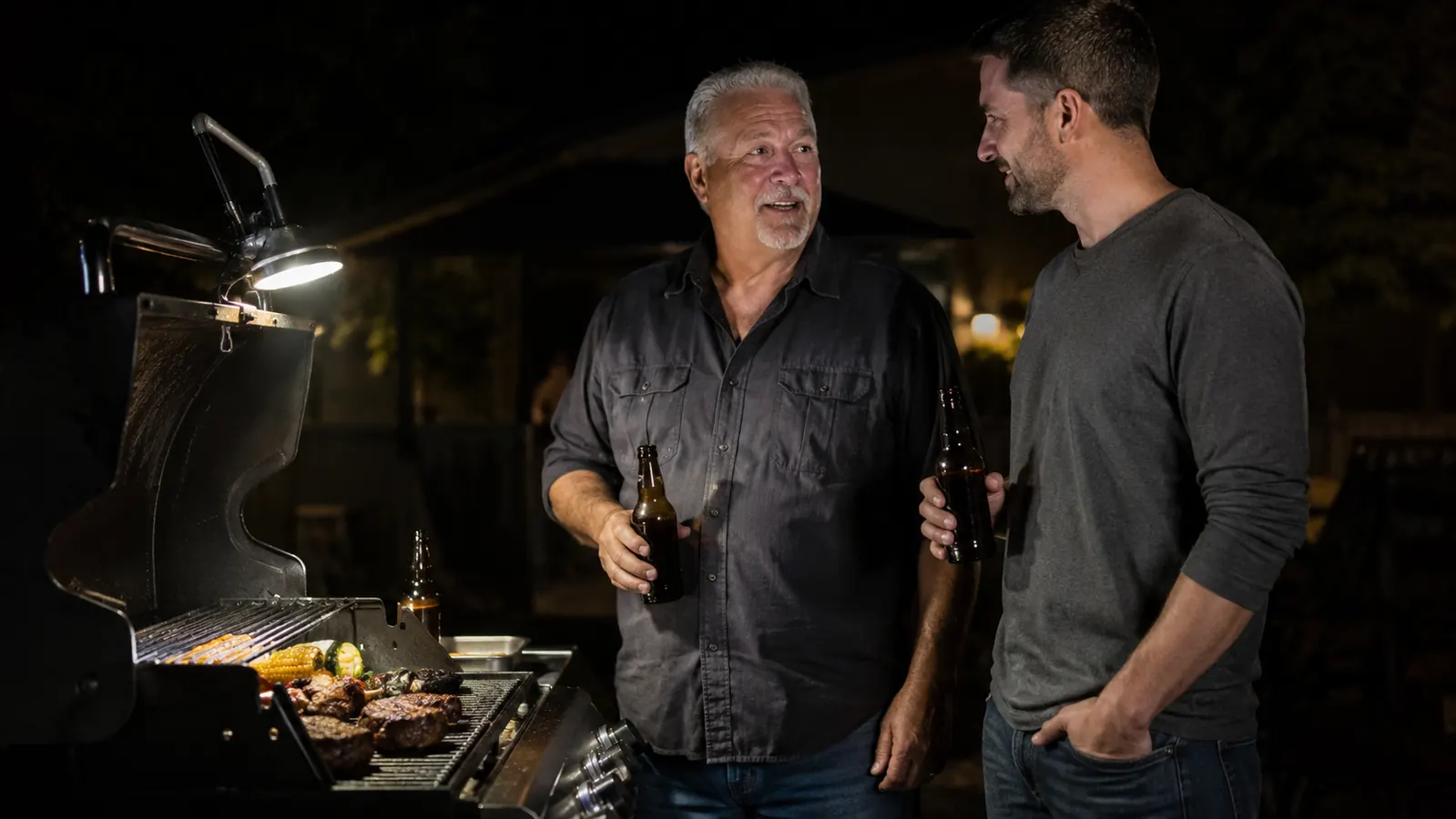 Carl and his son Travis standing at the grill together at night, both looking down at well-lit food on the grates