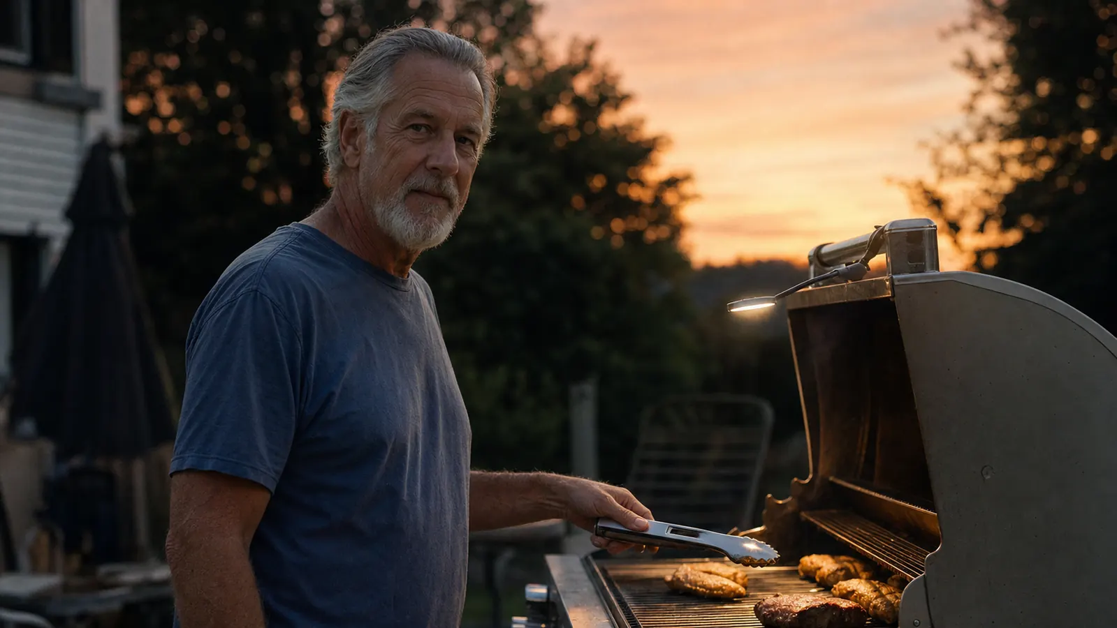 Carl standing at his three-burner gas grill at dusk, gooseneck grill light clamped to the lid casting a bright white glow over the grates
