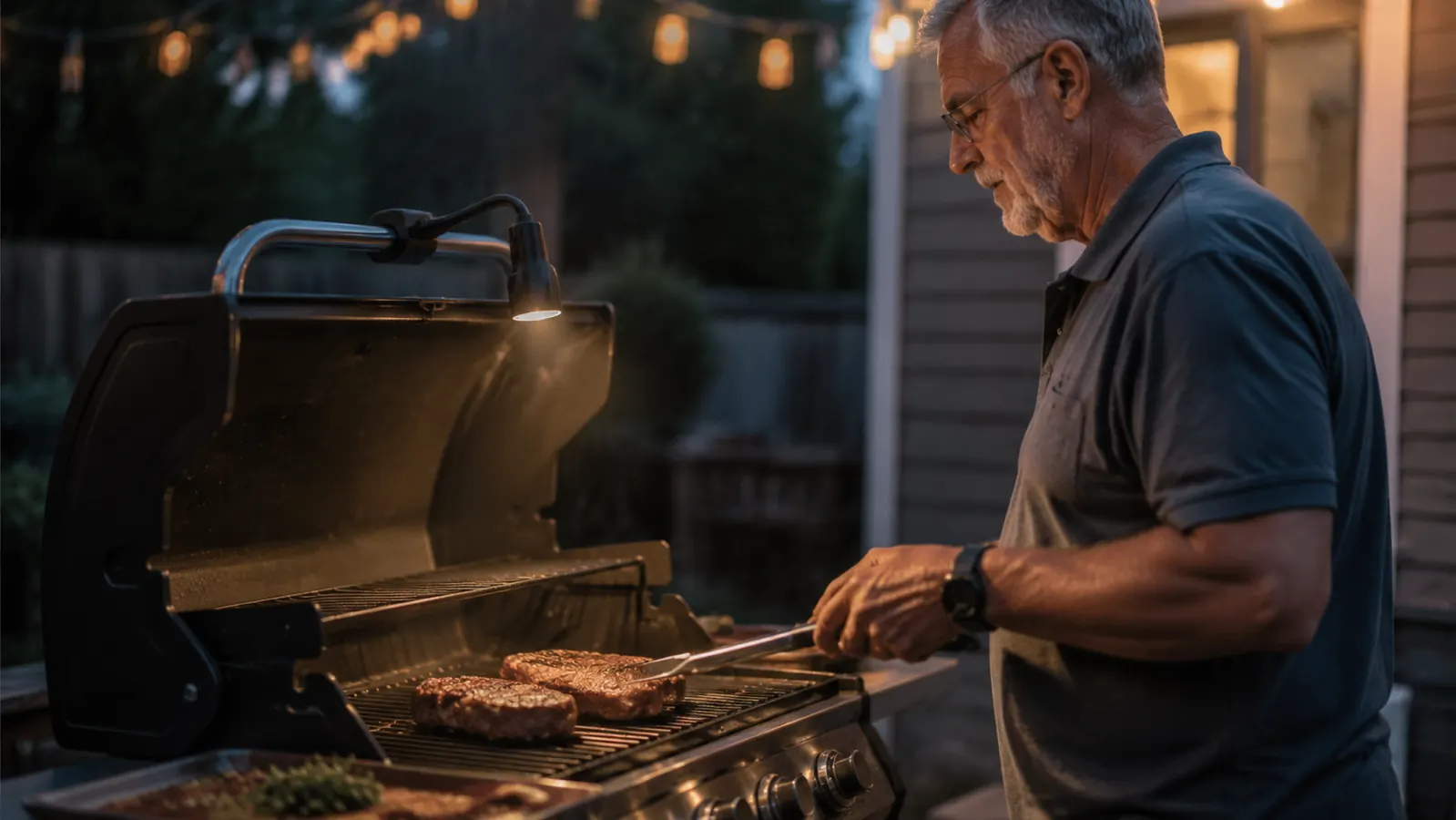 A magnetic gooseneck grill light clipped to a gas grill lid, lighting up grill grates at dusk