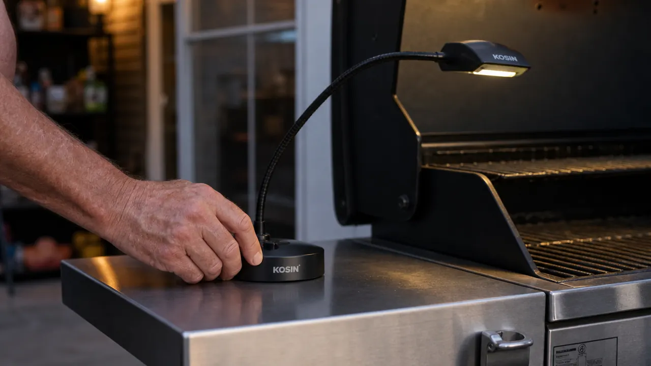 Hand attaching the KOSIN magnetic grill light base to the side shelf of a 3-burner gas grill
