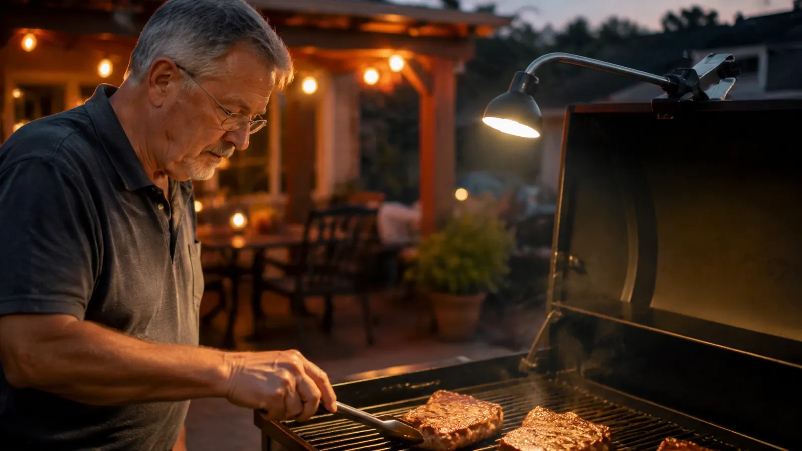 Magnetic LED grill light clamped to the lid handle of a gas grill lighting up steaks on the grates at dusk