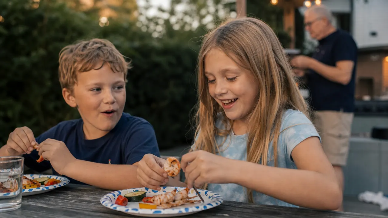 Two young grandchildren at a picnic table eating grilled vegetables and shrimp off paper plates