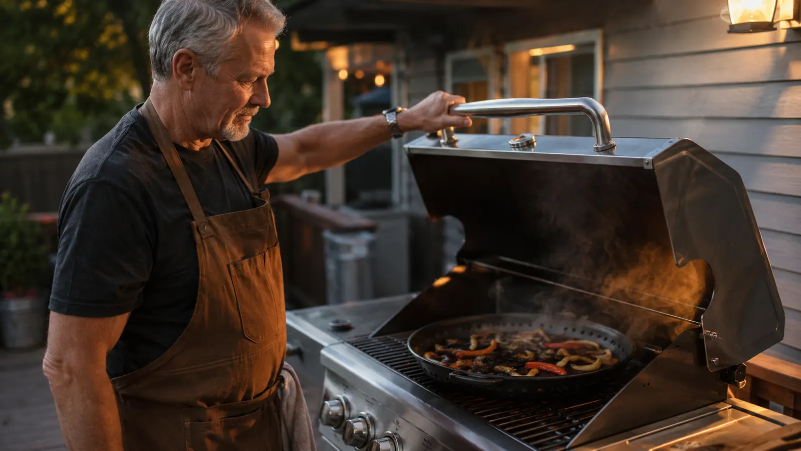Man at a backyard gas grill lifting the lid on a smoking perforated grill pan full of charred vegetables