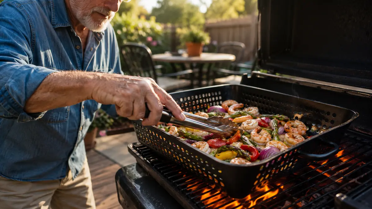 Cuisinart Grill Wok loaded with sliced peppers, onions, and shrimp sitting on a lit gas grill grate