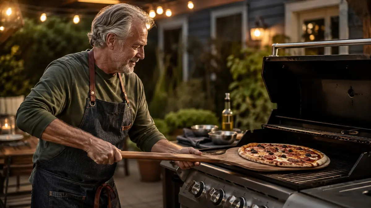 Carl standing at his gas grill at dusk, sliding a pizza off the Hans Grill stone with a wooden peel