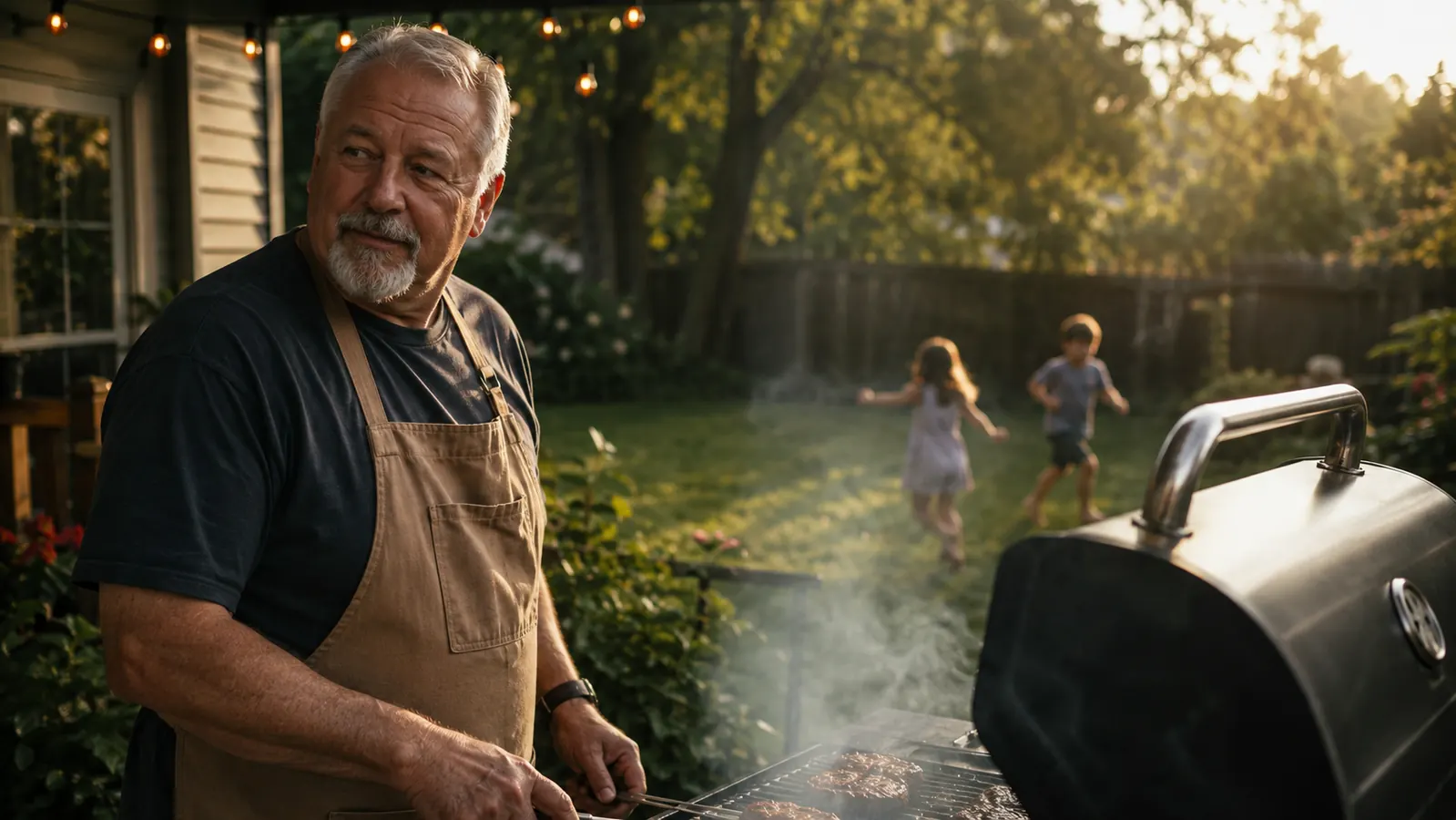 Backyard cookout scene with a grandfather and two grandkids near a smoking gas grill on a summer afternoon