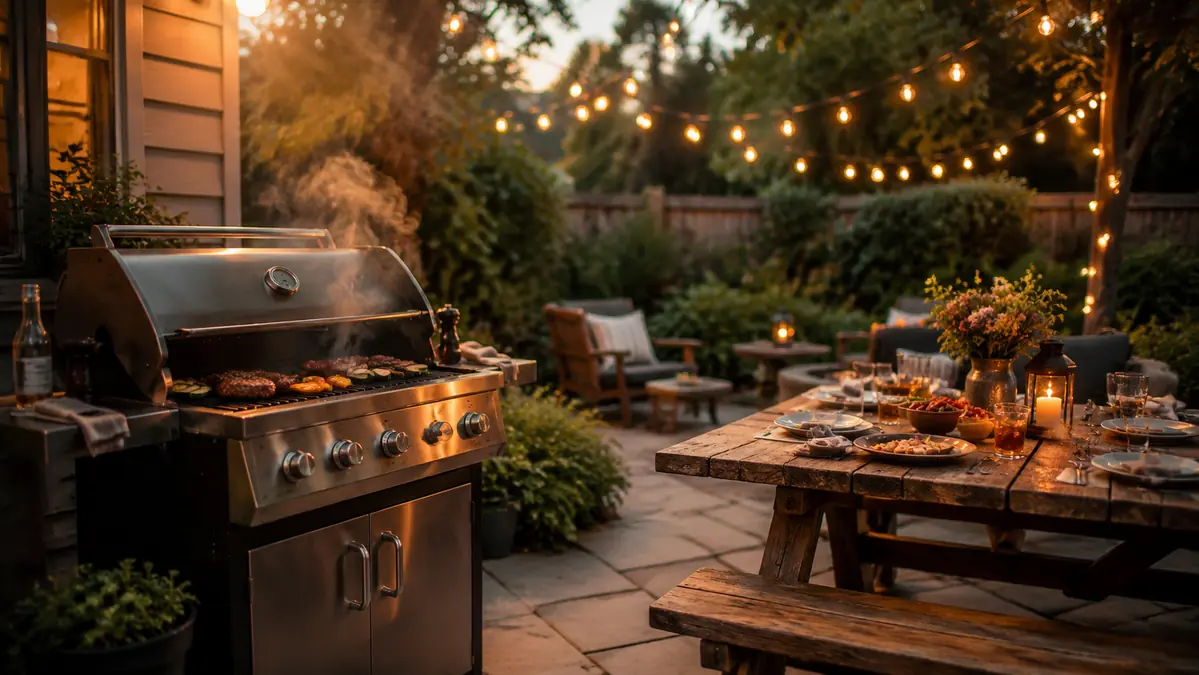 A backyard griller tending food over glowing coals at golden hour with smoke rising