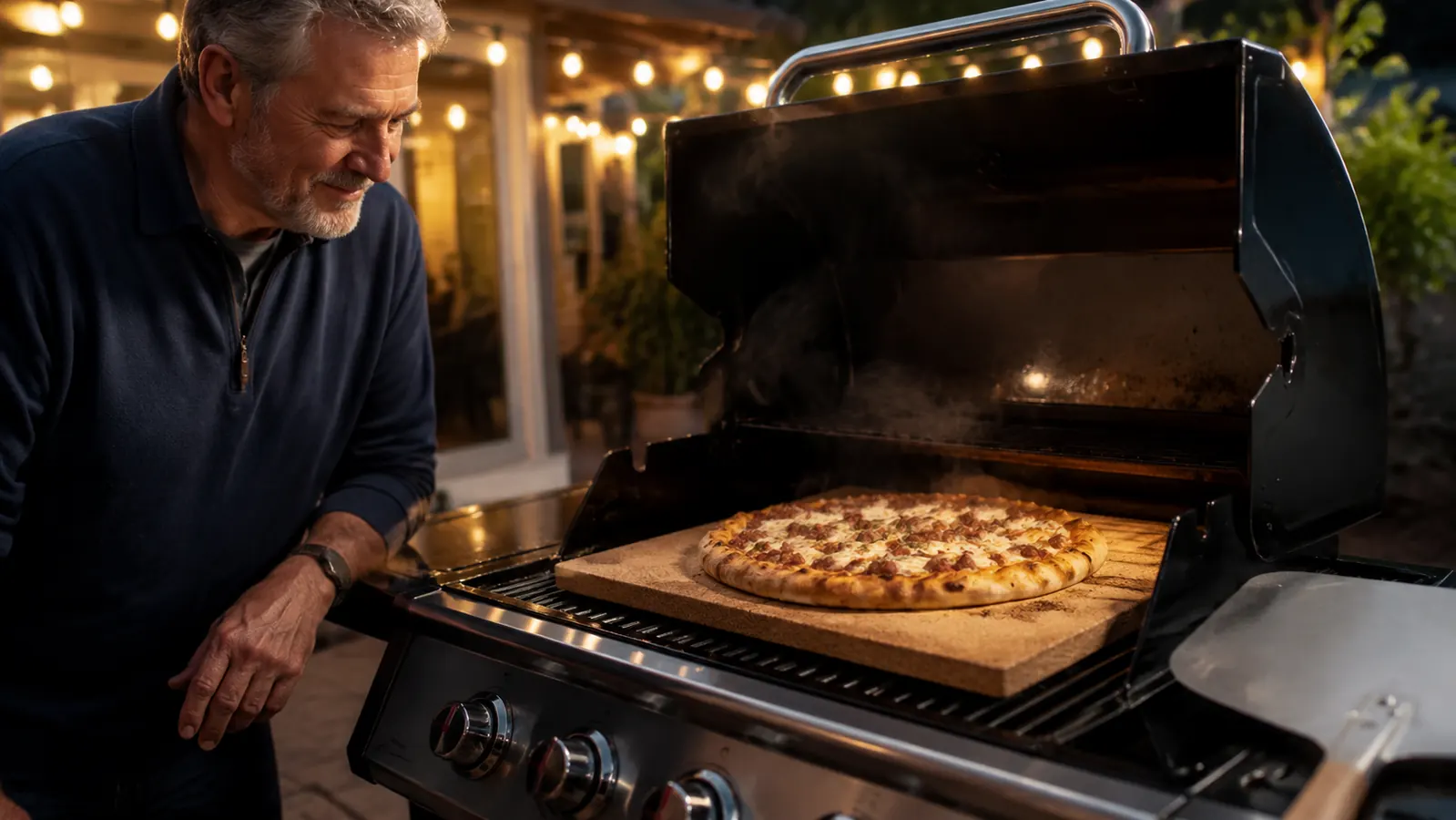 A pizza stone loaded with a golden bubbling pizza sitting on an open backyard gas grill at dusk