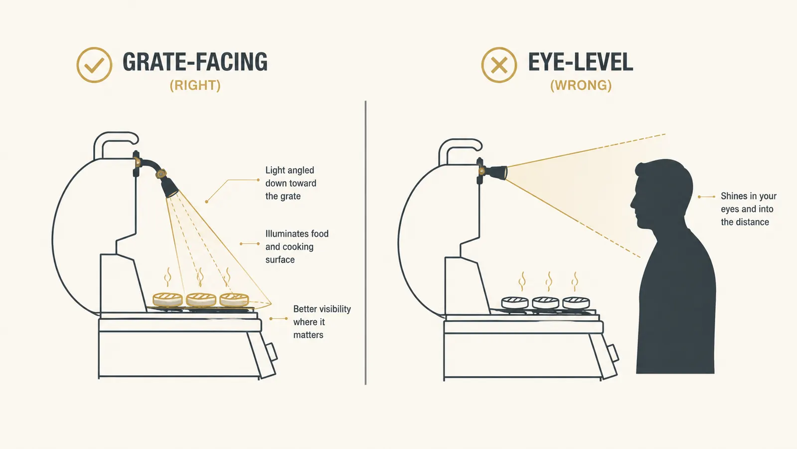 Diagram showing correct grill light beam angle hitting the grate versus incorrect angle shining into the griller's eyes