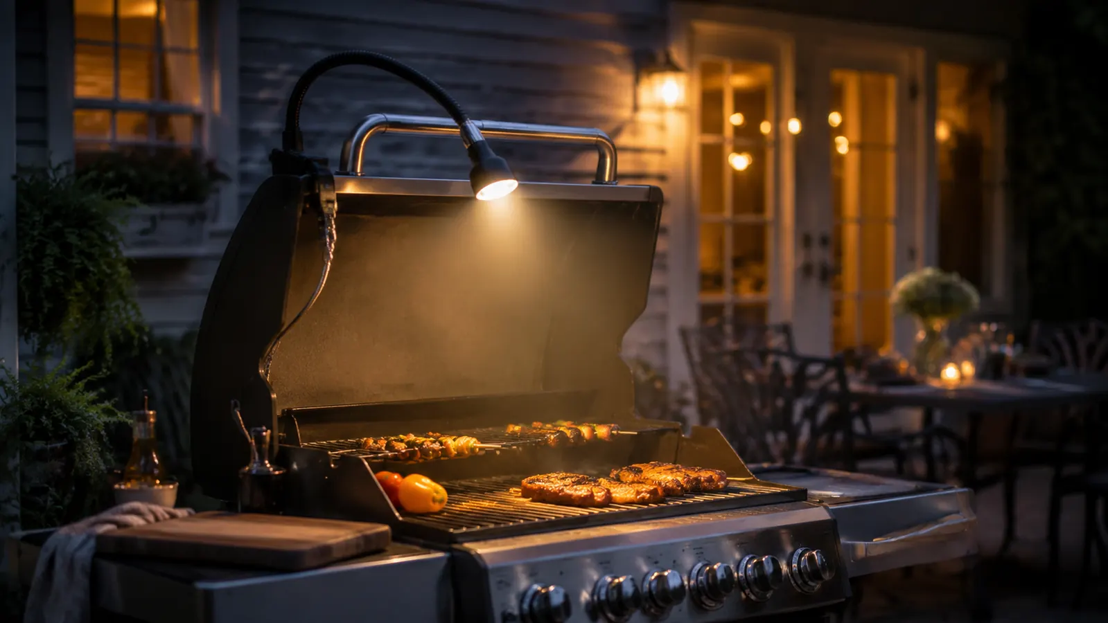 A gooseneck LED grill light clamped to the handle of a gas grill, lighting up the grate at dusk