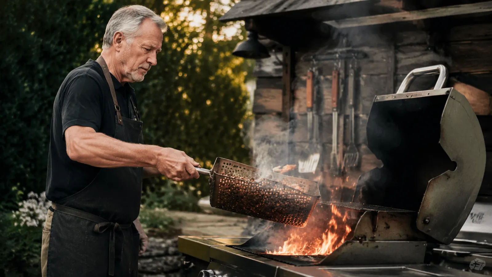 Carl shaking the grill wok over a lit gas grill grate with tongs resting nearby