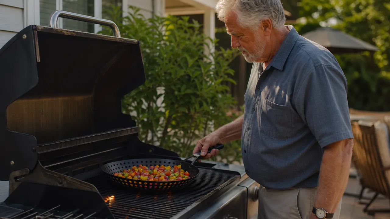Cuisinart Grill Wok filled with evenly cut peppers, onions, and zucchini sitting over open flame on a gas grill