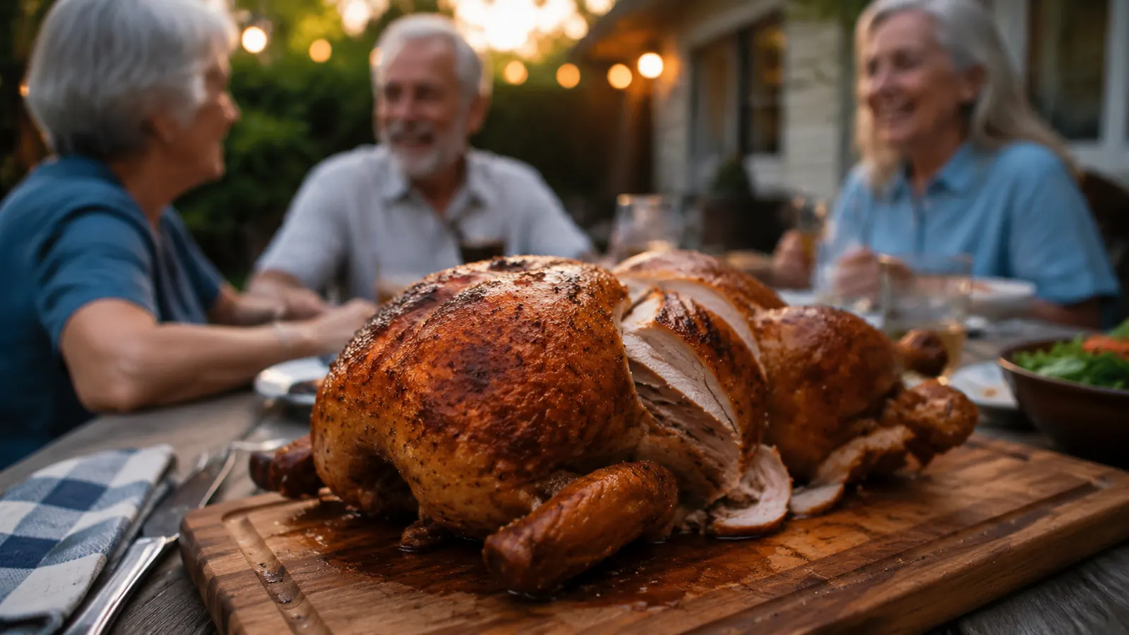 A carved rotisserie chicken resting on a cutting board on a backyard patio table