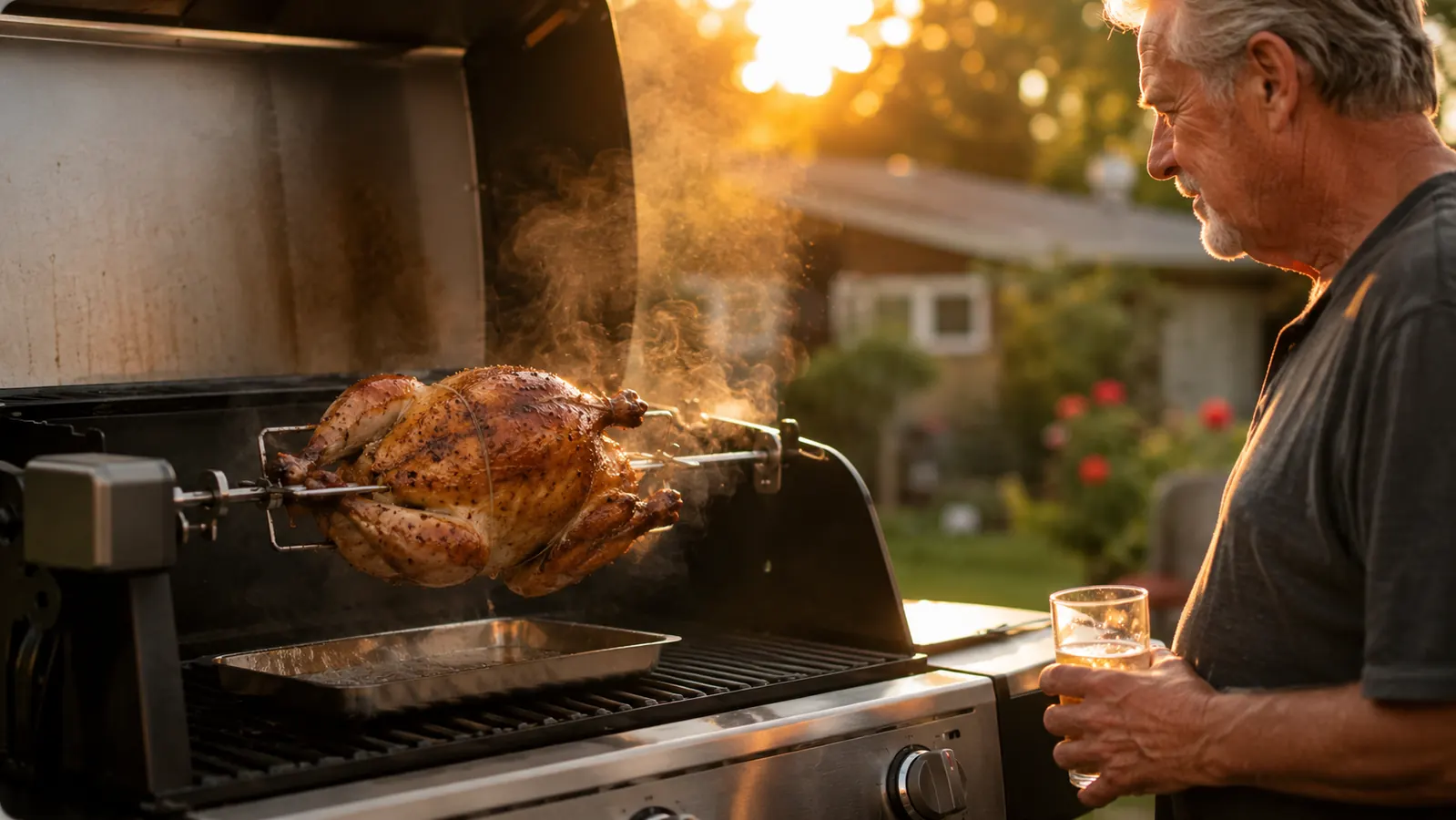 A whole chicken rotating on a rotisserie spit over a gas grill at golden hour