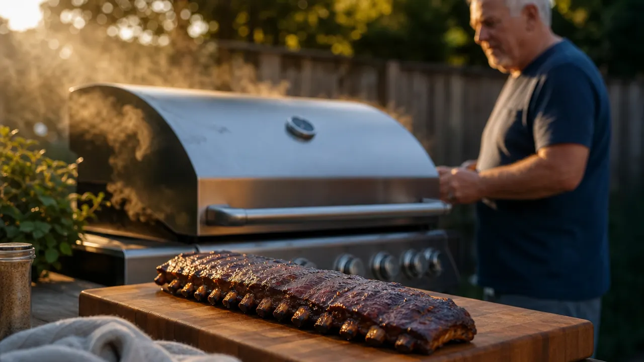 Closed gas grill lid with smoke curling out, a rack of ribs resting on a cutting board nearby