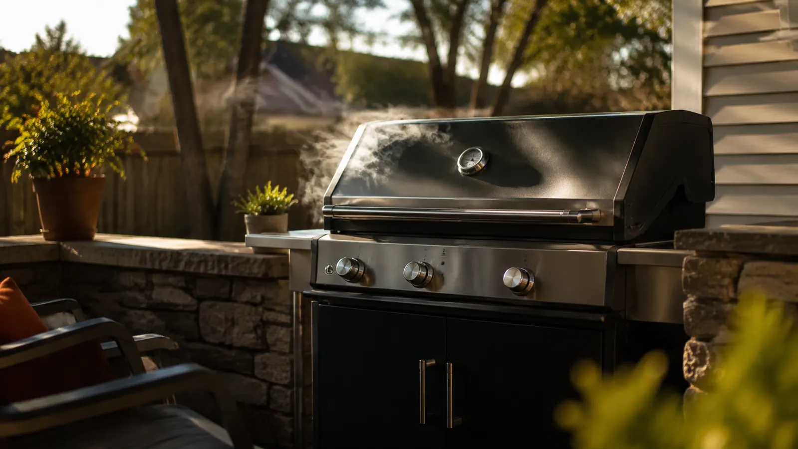 Backyard gas grill with smoke curling out from under the closed lid on a late afternoon porch