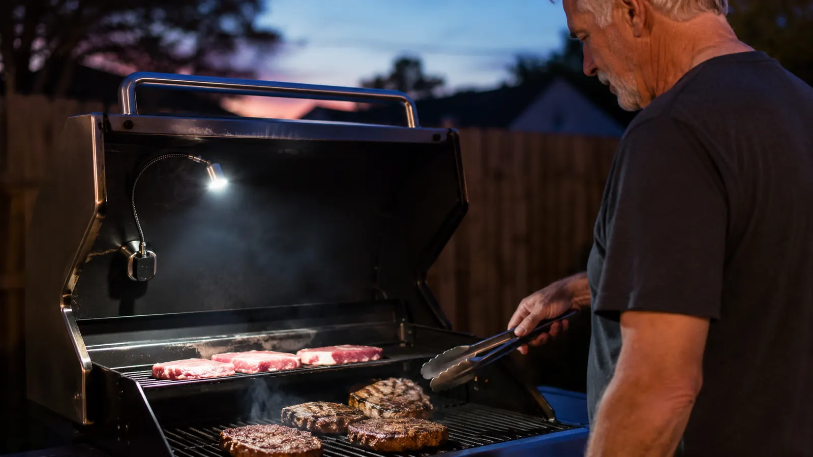 A gooseneck LED grill light bent low over gas grill grates, glare bouncing off the stainless lid