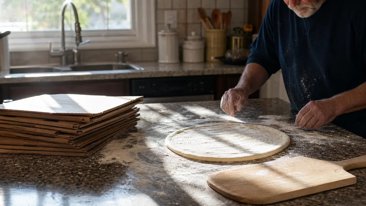 A stack of unopened pizza delivery boxes pushed aside on a kitchen counter next to a grill peel and fresh dough