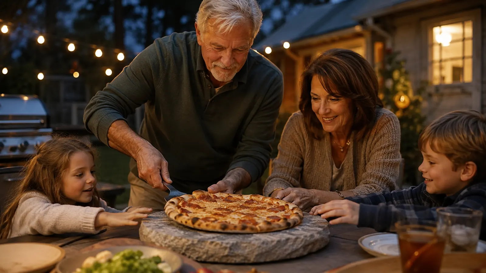 Carl and his family gathered around a patio table with a fresh grill-fired pizza on a stone, delivery boxes nowhere in sight