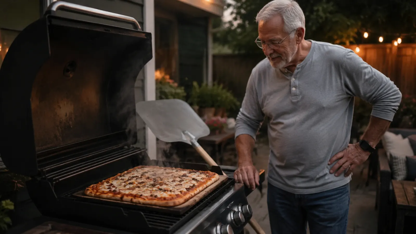 A golden, bubbling homemade pizza resting on a large rectangular pizza stone on a backyard gas grill