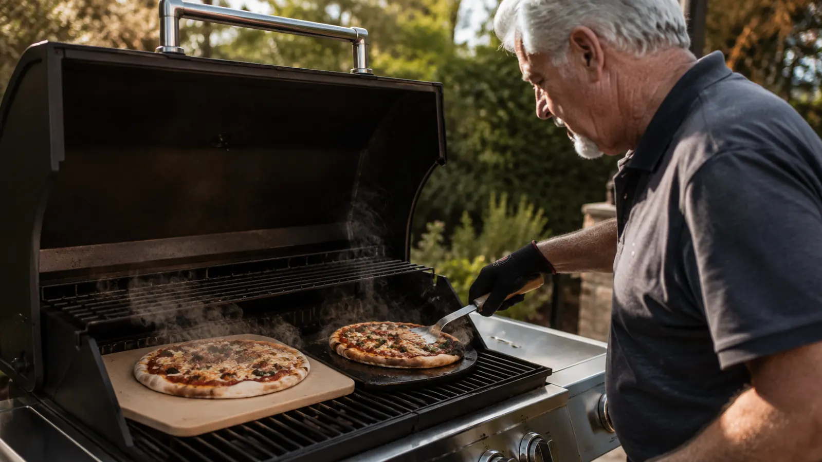 Carl standing at his three-burner gas grill with the lid open, a pizza stone and a steel plate set side by side on the grates, both preheating