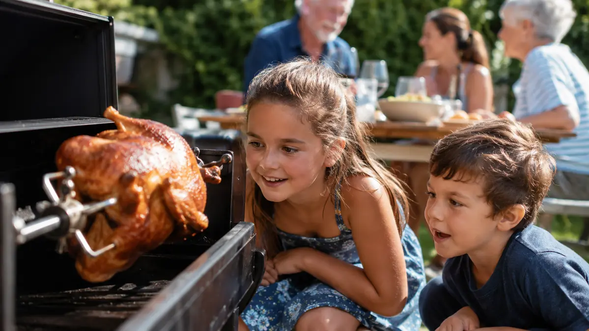 Two young grandchildren watching a chicken turn slowly on a rotisserie grill through the closed lid glass