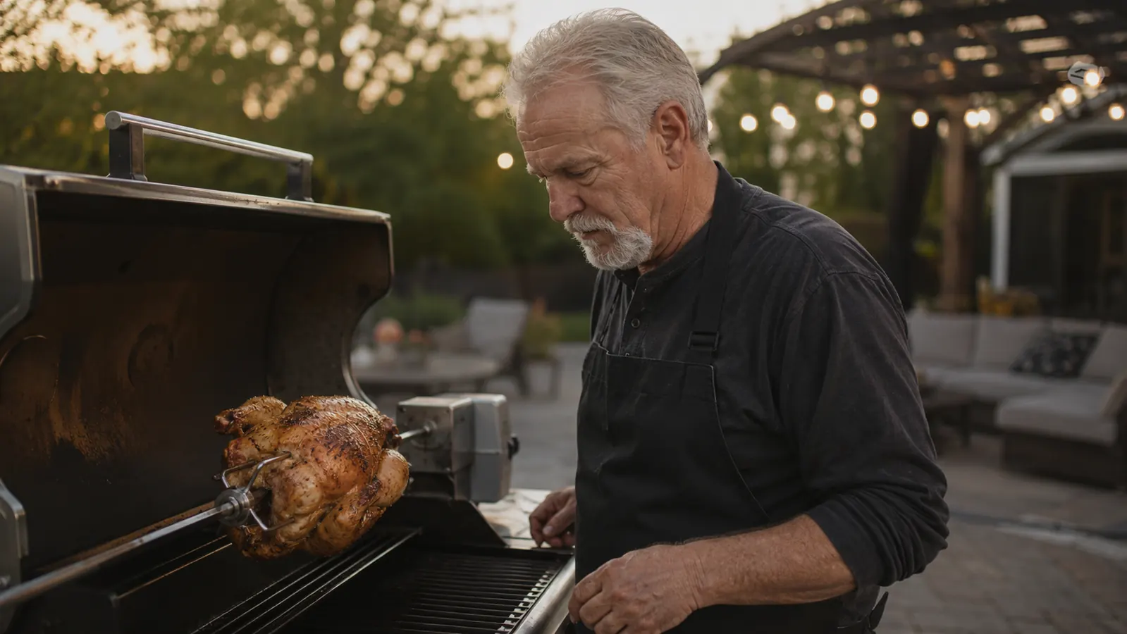 Carl standing at his three-burner gas grill with a whole chicken turning golden brown on a rotisserie spit, backyard patio in soft evening light