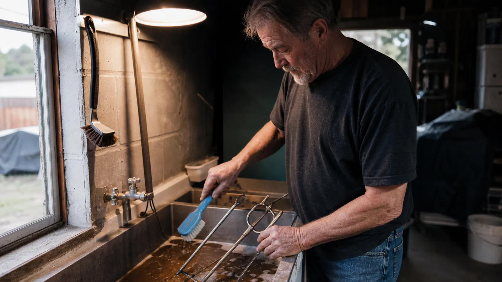 A man scrubbing a greasy rotisserie fork and spit rod in a utility sink after a cook