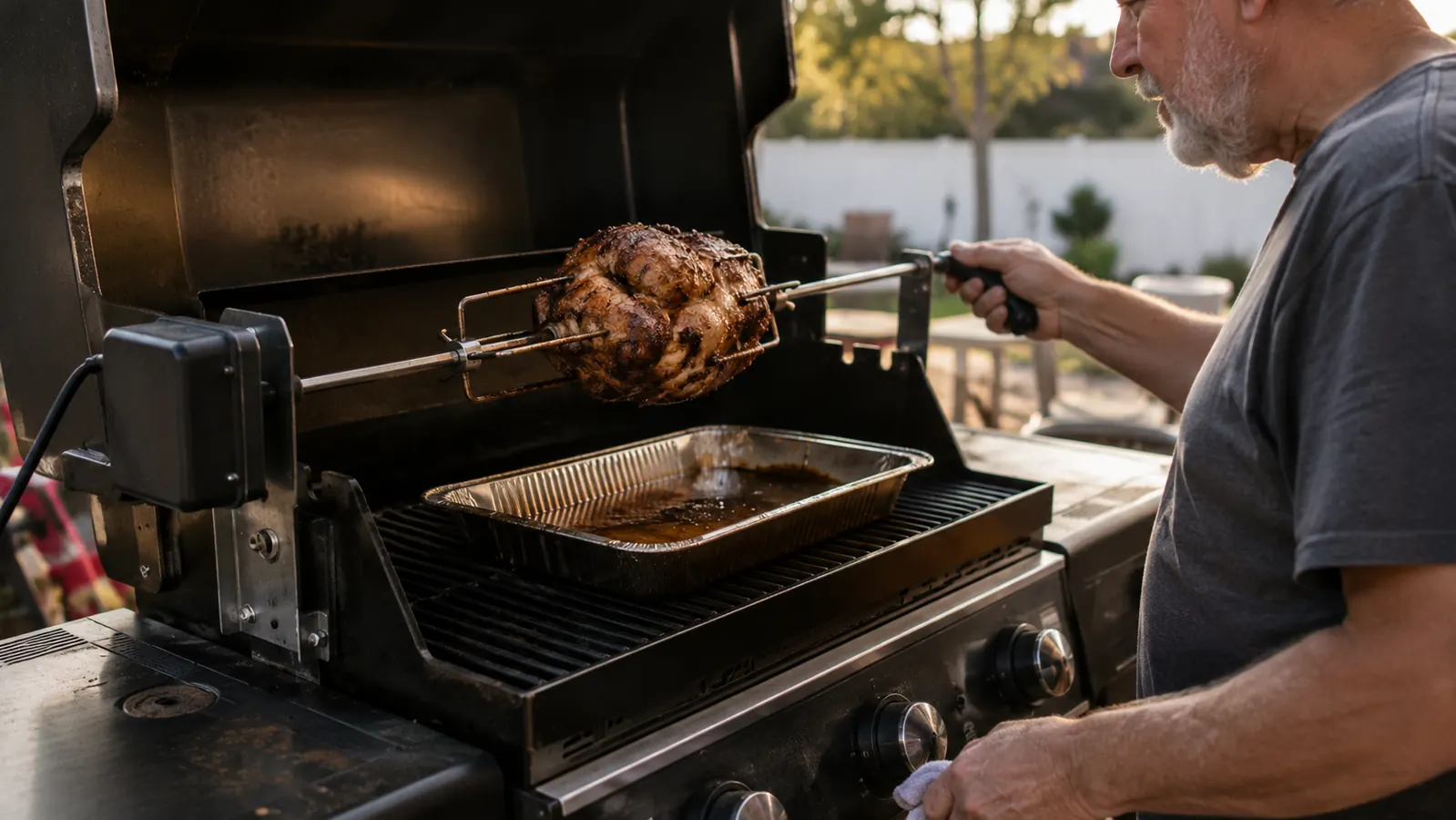 A rotisserie motor and counterweight assembly mounted on the side of a gas grill with grease pooled in the drip pan below