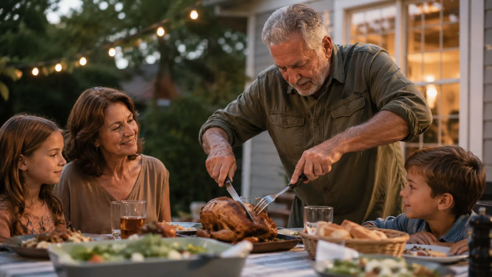 Family gathered around a patio table carving a rotisserie chicken fresh off the grill