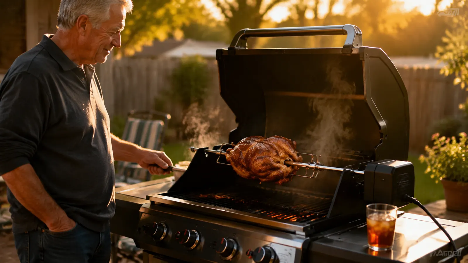 A whole chicken turning golden brown on a rotisserie spit over a backyard gas grill at sunset