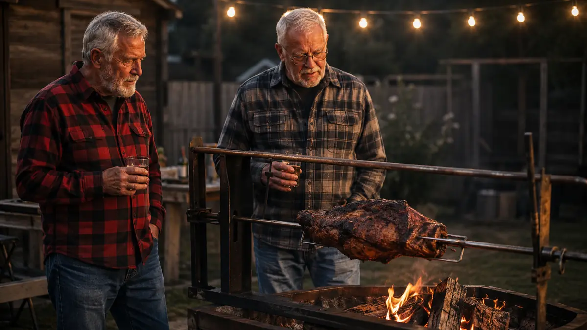 Older man and a neighbor standing near a homemade wooden spit rig over an open fire pit at dusk