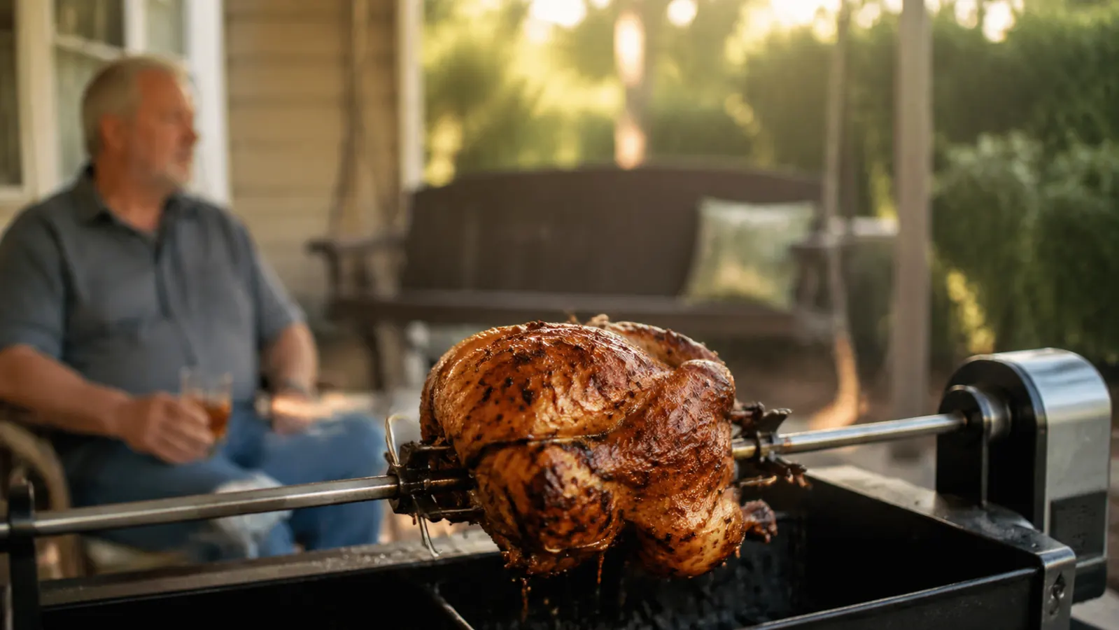 Golden brown rotisserie chicken turning on a motorized spit over a backyard gas grill at dusk