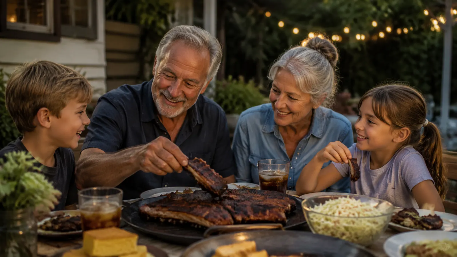 Carl, Bonnie, and their grandkids Mia and Owen seated at a patio table with a platter of ribs between them