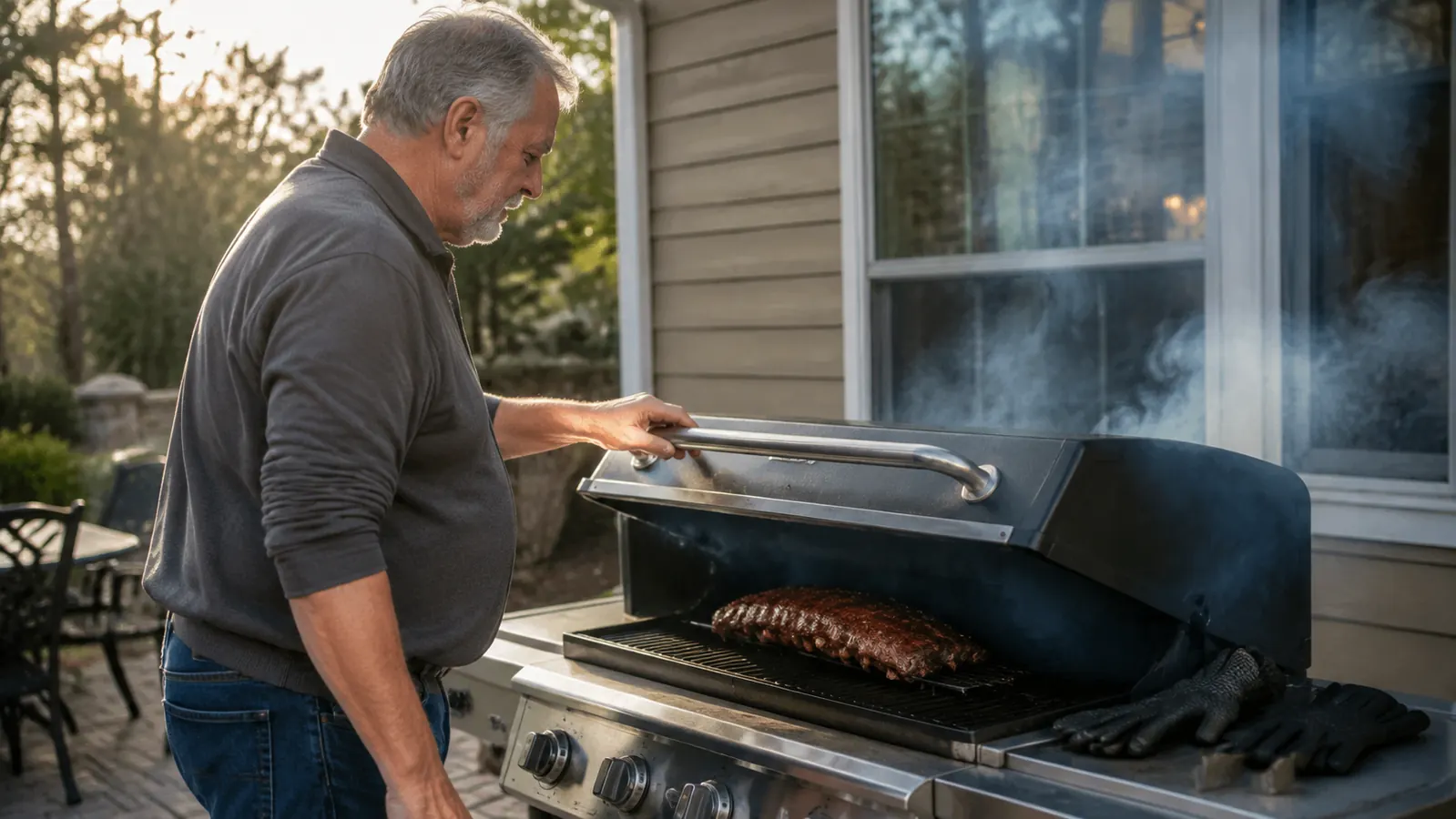 Carl standing at his three-burner gas grill with the lid cracked open, thin smoke curling out over a rack of ribs