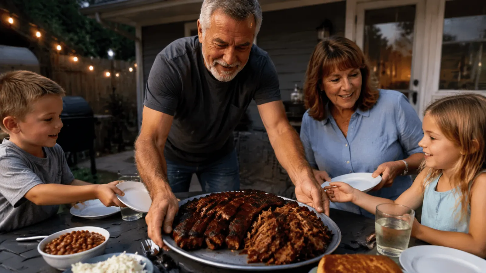 A backyard cookout table with smoked pork ribs and pulled pork, family reaching in to serve plates