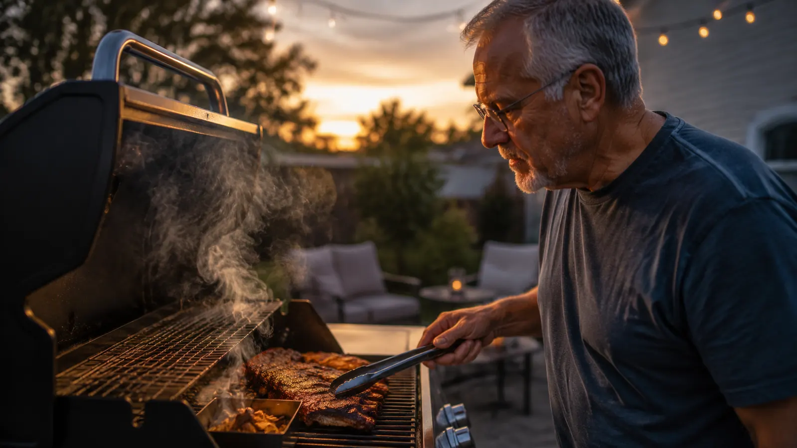 Thick smoke rolling off a gas grill loaded with a rack of ribs, hickory wood chunks smoldering in a smoker box beside the meat