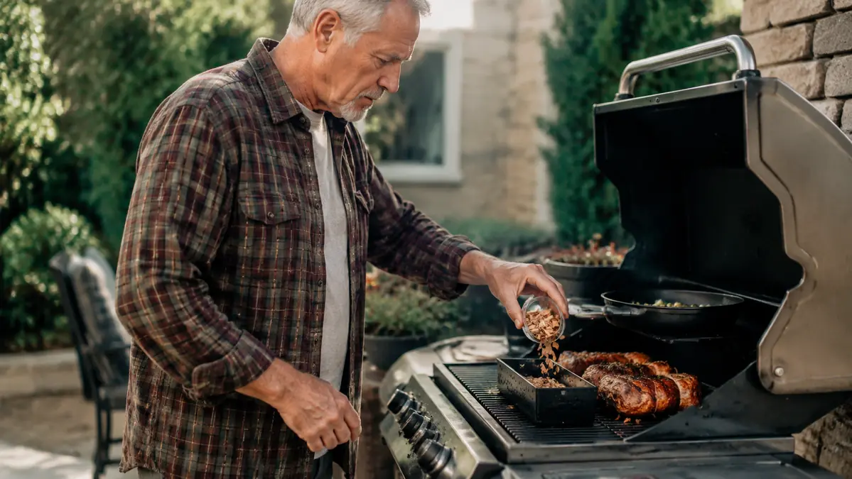 Man sprinkling a handful of wood chips into a smoker box mounted over a gas grill burner