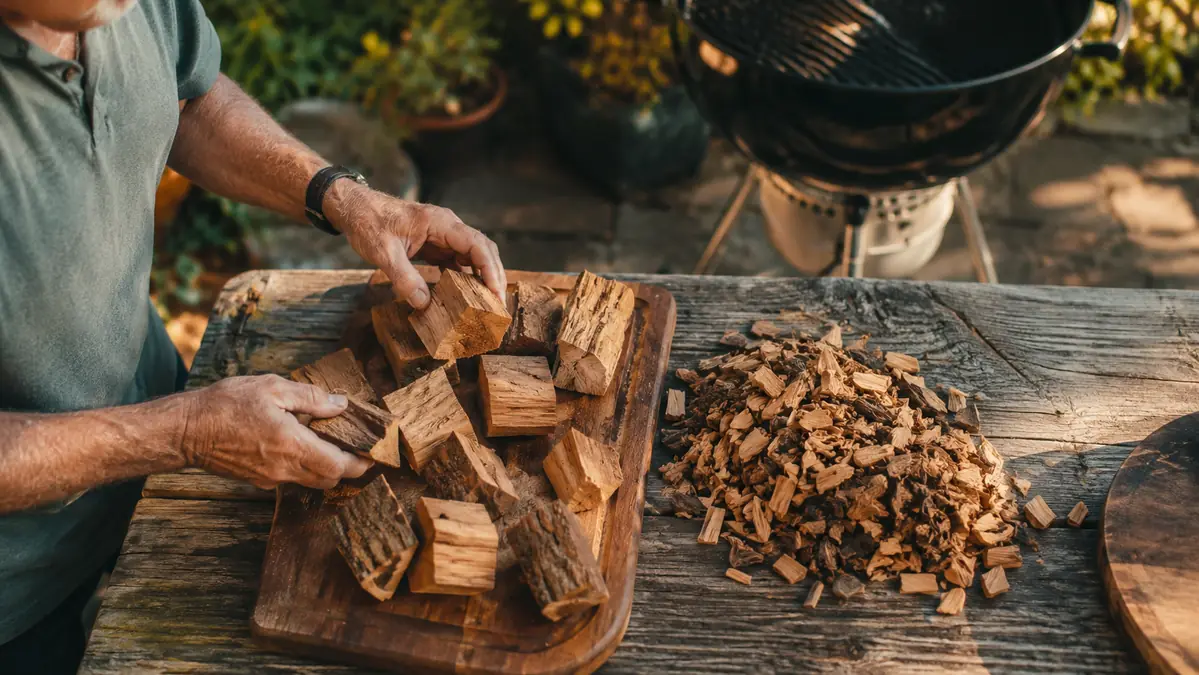 A pile of Weber hickory wood chunks next to a bag of wood chips on a wooden picnic table beside a charcoal kettle grill